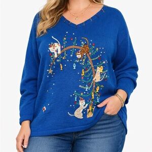 Vintage Quacker Factory Cat Christmas Sweater 2X Blue Beaded